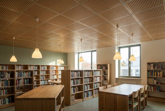 Akustický podhled z dřevěných kazet ve školní knihovně